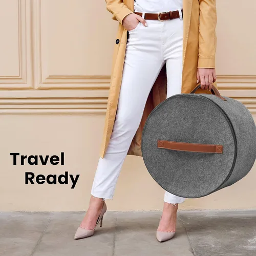 Vista 8 de Caja de almacenamiento para sombreros para mujeres y hombres, fieltro de viaje, redonda, plegable, resistente, grande, 17 x 11 pulgadas