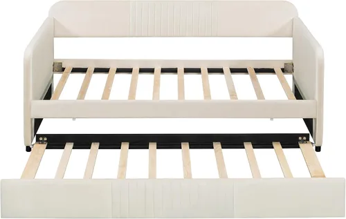 Vista 5 de Harper & Bright Designs Sofá cama tapizado tamaño individual con cama nido y listones de madera, beige