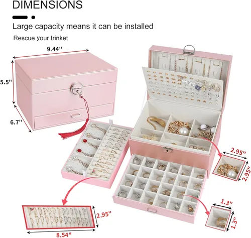 Vista 4 de BOOVO Joyero de pendientes para mujeres y niñas, organizador de joyas de 5 capas con candado, organizador de aretes, collar y anillos, caja