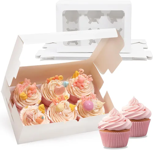 Vista 10 de TOMNK - 50 cajas para magdalenas con ventana, 6.3 x 6.3 x 3 pulgadas, cajas para magdalenas marrones Recipientes para cupcakes con calcomanías