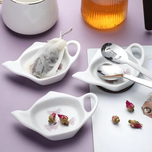 Vista 3 de Juego de 6 posavasos de cerámica blanca para bolsitas de té y exprimidor de bolsas de té de acero inoxidable (estilo 1)
