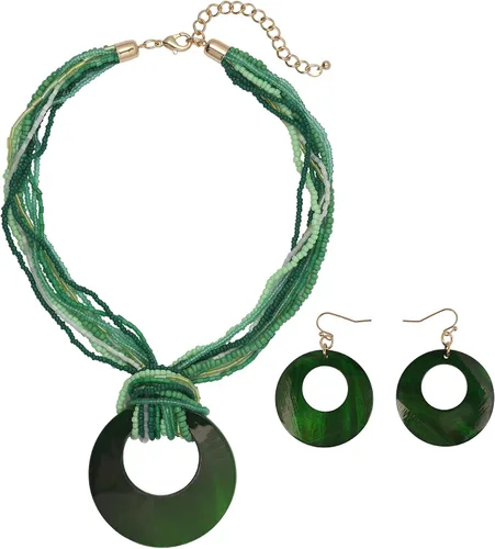 Vista 13 de Coiris Collar de varias vueltas con cuentas coloridas y gran colgante de concha circular para mujer Negro