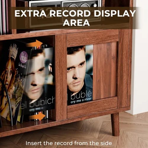 Vista 4 de Soporte XL para tocadiscos con puertas corredizas, gabinete de almacenamiento para más de 500 discos de vinilo con estación de carga y puertos USB