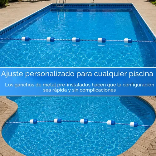Vista 4 de Cuerda de seguridad para piscina - Divisor de carril flotante - 20 pies - Nylon 8 High Visibility Floats, Stainless Steel Hooks, Adjustable