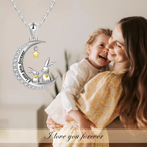 Vista 4 de QIUQIULU CatRabbitBear Necklace 925 Sterling Silver Mother and Child Animal on Moon Pendant Necklace Jewelry Gifts for Women