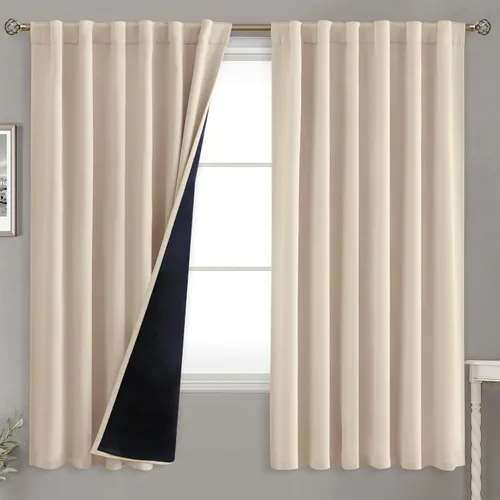 Vista 161 de BGment Cortinas 100% opacas beige de 63 pulgadas de largo con forro aislante térmico, bolsillo para varilla y lengüeta trasera de doble capa