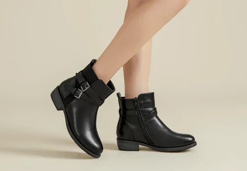 Vista 6 de VJH confort Botines para mujer, punta redonda, tacón bajo, cómodos, elásticos, con correa de hebilla y cremallera lateral