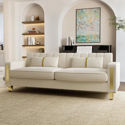 Vista 6 de Sofá de dos plazas para sala de estar, sofá de terciopelo beige de 86 pulgadas con 2 almohadas y patas de metal dorado, sofá tapizado moderno sofá