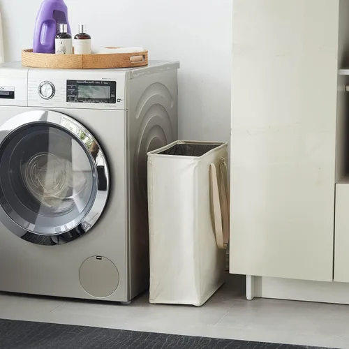 Vista 2 de TECHMILLY Cesta de lavandería delgada con asas largas ajustables, cestas pequeñas de lavandería de 45L con parte superior de malla, cesta de ropa