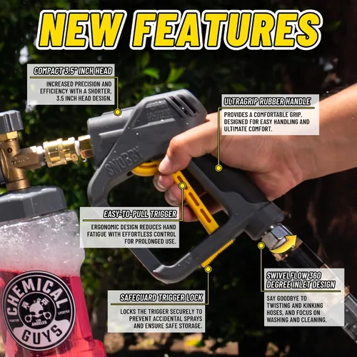 Vista 6 de Chemical Guys Snubby Pistola de lavado a presión con accesorio de cañón de espuma, mango corto para hidrolimpiadoras de gas y eléctricas, rociador