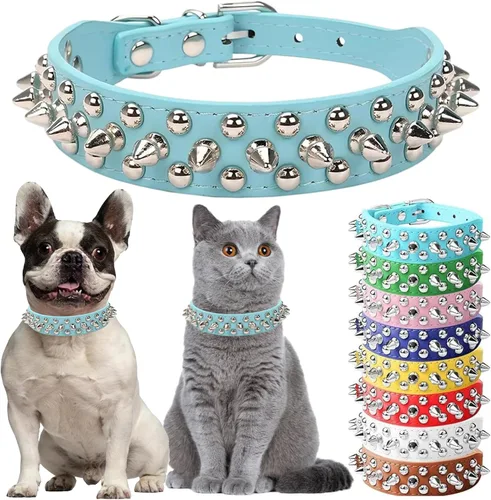 Vista 15 de Collar de perro con pinchos para perros pequeños, collares de cachorro macho con pinchos de cuero PU con remaches de hongos, collares tachonados