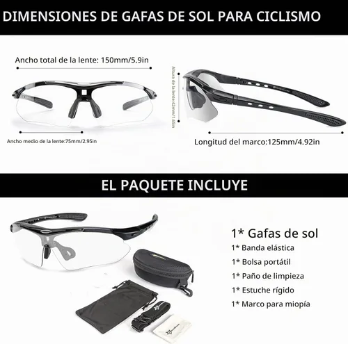 Vista 7 de ROCKBROS Gafas de sol deportivas fotocromáticas para hombres y mujeres, gafas de protección UV400 con marco de miopía para correr, ciclismo Negro