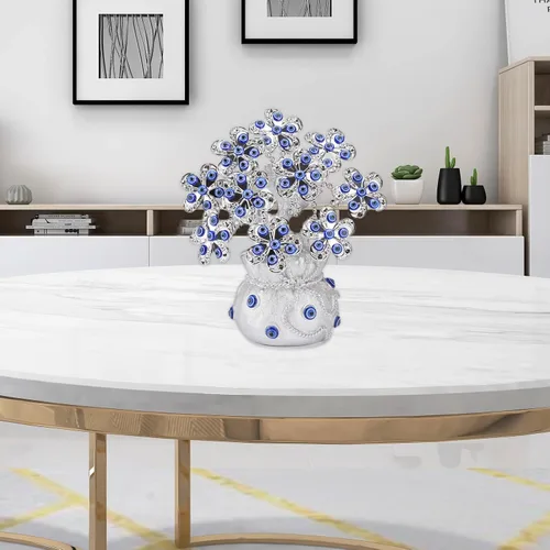 Vista 6 de BRABUD 7.5 '' resina azul malvado ojos estatua plata flores árbol de dinero buena suerte suerte fortuna estatuilla escritorio decoración regalo