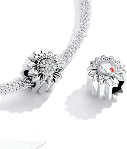 Vista 3 de Abalorio de girasol de plata de ley 925 con diseño de sol para pulsera Pandora (Girasol A), Plata esterlina