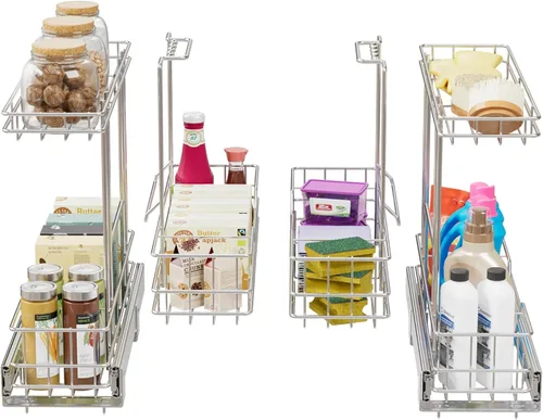 Vista 13 de Organizador de gabinete extraíble de 2 niveles para debajo del fregadero, cesta de estante de alambre deslizante para gabinetes de base de cocina, 9