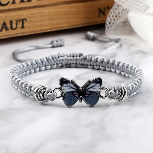Vista 2 de Fuqimanman2020 Pulsera de mariposa colorida hecha a mano con cuerda trenzada ajustable para parejas, mujeres, niñas, amistad, mejores amigos