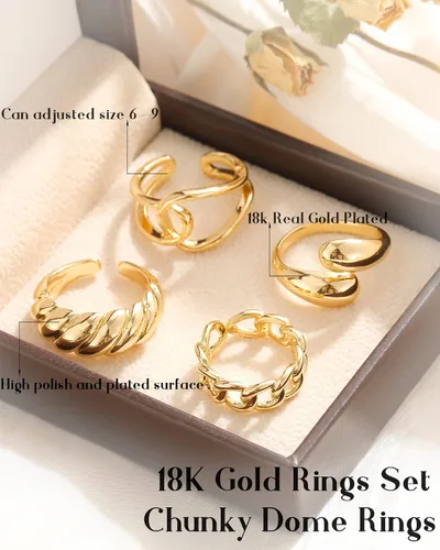 Vista 7 de FAXHION Juego de 10 anillos gruesos de oro de 18 quilates para mujeres y niñas, anillos trenzados chapados en oro, apilables, anillos midi, anillos