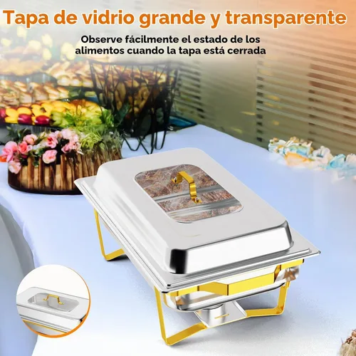 Vista 3 de ROVSUN Platos dorados para bufé, juego de bufé de 9 cuartos con tapa de vidrio, servidores y calentadores de bufé de acero inoxidable con marco