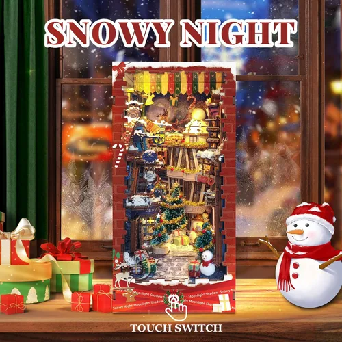 Vista 2 de Rincón de Navidad para Libros, Kit de Casa de Muñecas DIY para Adultos, Estantería con Luces LED, Rompecabezas 3D de Madera, Kits de Miniaturas