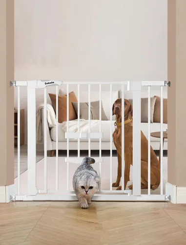 Vista 11 de BABELIO Nueva Versión Puerta de Bebé con Puerta para Gatos Ajustable, Puerta de Mascotas de Metal de 29-40" para Escaleras y Puertas, Montaje a Negro