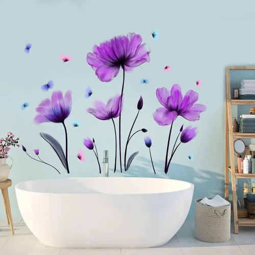 Vista 4 de Pegatina de pared de flores, diseño floral morado, calcomanías de pared de mariposa extraíbles, autoadhesivas, mural para guardería, dormitorio Flor