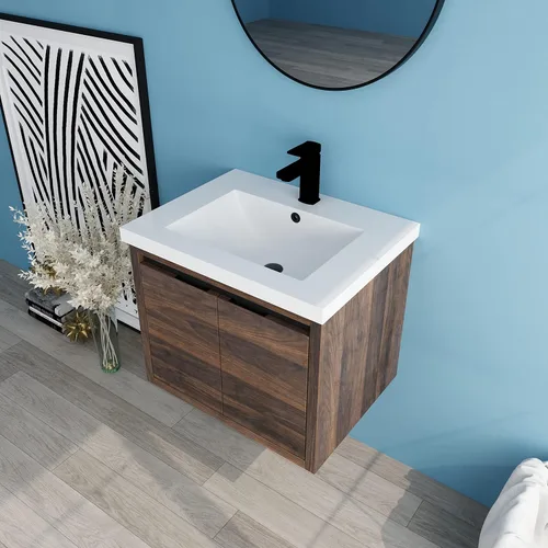 Vista 9 de Mueble de baño de 24 pulgadas con fregadero, tocador flotante de 24 pulgadas con fregadero de cerámica blanca brillante, gabinete de baño de madera