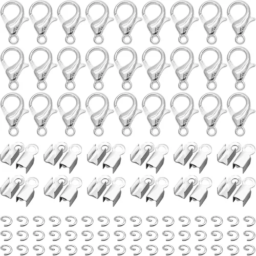 Vista 9 de Kit de 500 extremos de cable plegables para hacer joyas, incluye 100 cierres de pinza de langosta, 200 anillos de salto abiertos, 200 extremos