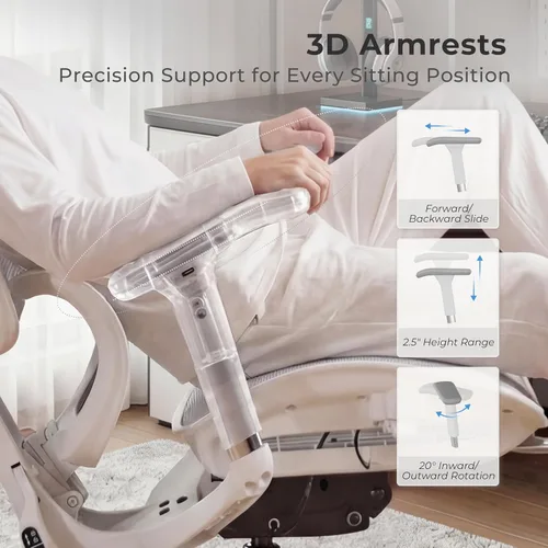 Vista 5 de WELAX Silla de oficina ergonómica sin reposapiés, silla de oficina de malla con reposabrazos y reposacabezas 3D, silla de escritorio S9 con Gris