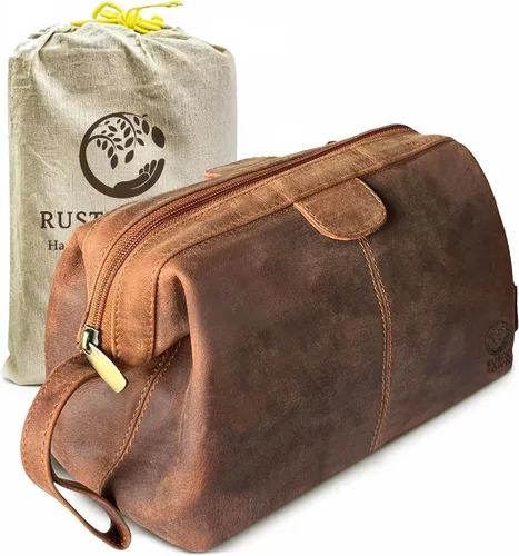 Vista 9 de Neceser de cuero para hombre - Kit Dopp para viajes, afeitado, viajes nocturnos, Marrón, M