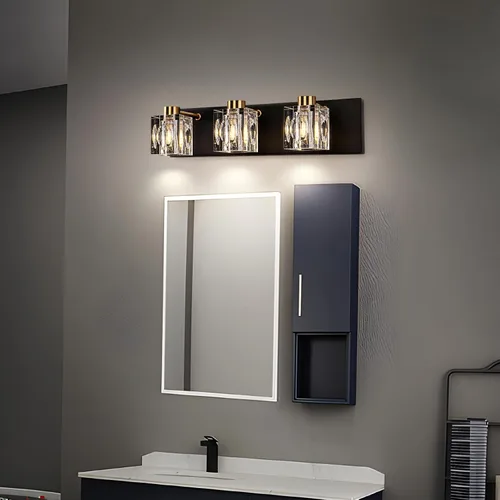 Vista 6 de Modernas luces de cristal para tocador, accesorios de luz para tocador de baño de 3 luces, luces de baño negras y doradas sobre espejo, apliques