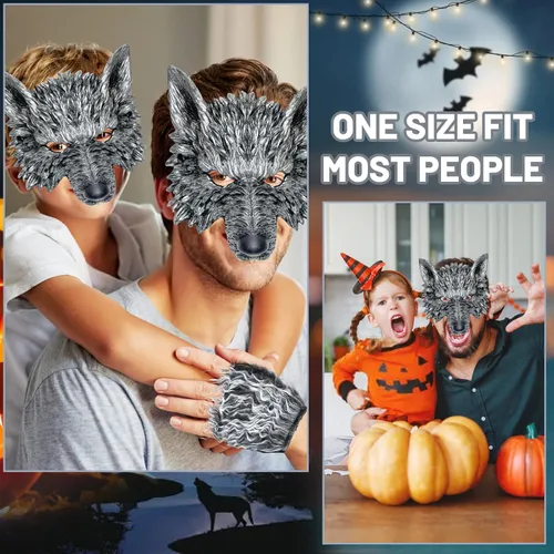 Vista 5 de HyperFun Disfraz de hombre lobo de Halloween, máscara de lobo y juego de colas, disfraz de lobo realista, kit de accesorios de cosplay