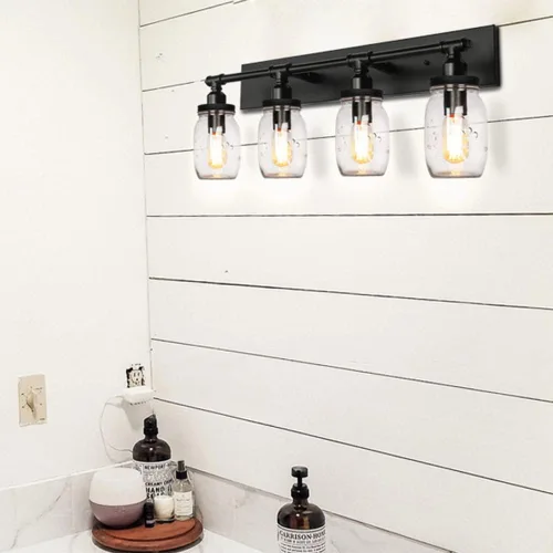 Vista 6 de Lámparas de tocador de baño, apliques de pared industriales negros vintage con persianas de cristal Mason Jar (4 luces)
