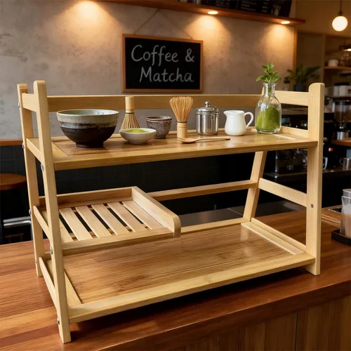 Vista 5 de Bamboo Matcha Station Organizer - Large Capacity 3-Tier Shelf Madera