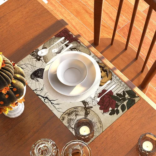 Vista 3 de Manteles individuales retro de Halloween, diseño de calavera gótica, Día de los Muertos, decoración y suministros de Halloween para la mesa