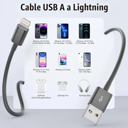 Vista 7 de ANSEIP Cable de Coche CarPlay para iPhone, Paquete de 2 Cables USB A a Lightning de 0.9m para iPhone 14 13 12 11 Pro Max XR XS X 8 7 6 Plus SE iPad