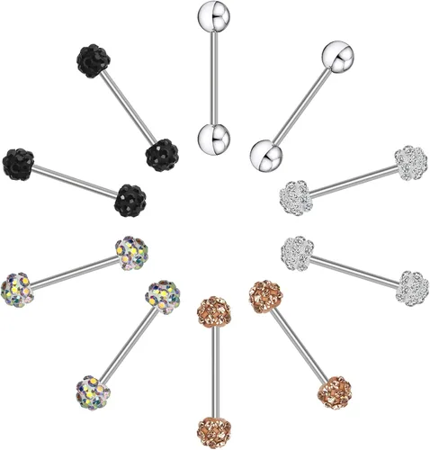 Vista 5 de CrazyPiercing 10 anillos de lengua CZ 16G con barra de acero inoxidable recta 0551in de longitud
