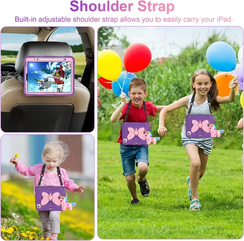 Vista 4 de Funda para iPad Air de 5ª/4ª generación con protector de pantalla, para iPad Pro de 11 pulgadas, con correa de soporte de mariposa, muñecos y Púrpura