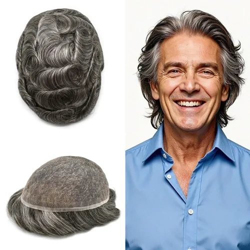 Vista 110 de PUNRU HAIR Completo Swiss Lace Toupee para hombres Sistema de cabello humano real Sistema de reemplazo de cabello humano para hombre Toupee
