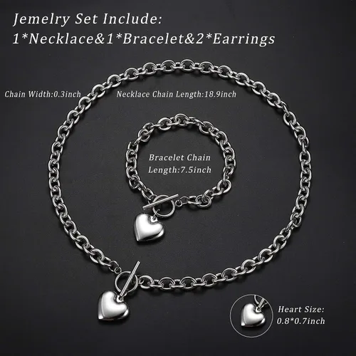 Vista 4 de LOYALLOOK Juego de 3 piezas de collar con dije de corazón, cadena de palanca, aretes de corazón para mujer, de acero inoxidable, conjunto de joyas
