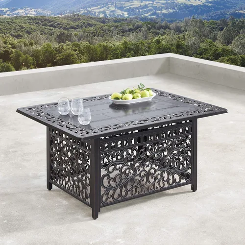 Vista 4 de Oakland Living Juego de mesa rectangular de aluminio de 48 pulgadas, cuatro balancines giratorios profundos, cuentas de fuego, tapa y cubiertas