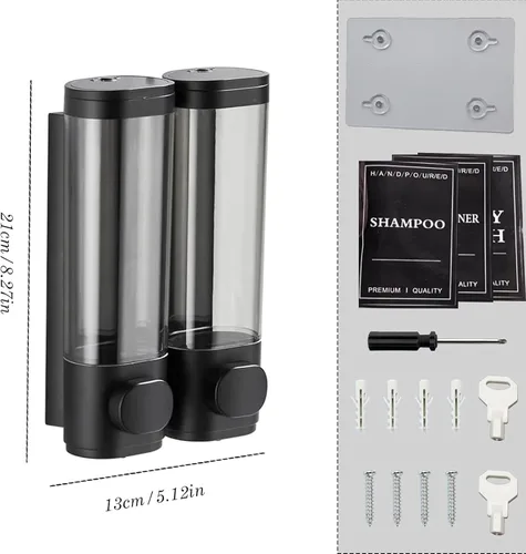 Vista 2 de Dispensador de jabón para montar en la pared de 2 cámaras, 10 onzas/10.1 fl oz, dispensador de champú y acondicionador de ducha recargable, sin