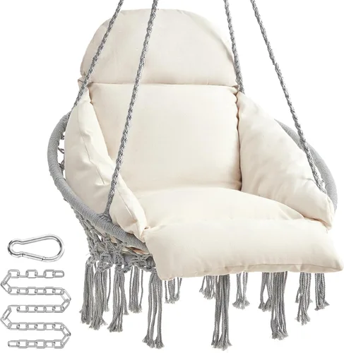Vista 7 de SONGMICS UGDC042M01 - Silla colgante, hamaca con cojín grande y grueso, silla columpio bohemia para dormitorio, patio, balcón, jardín, soporta hasta