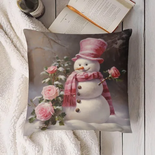 Vista 4 de Funda de cojín de muñeco de nieve con rosas rosadas, bufanda y sombrero, funda de almohada para cama, decoración moderna para sofá, dormitorio, sala