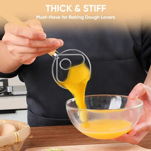 Vista 5 de Maxjoy - Batidor de masa danesa de acero inoxidable con mango de madera, gancho holandés para masa de pan de masa madre, herramienta de mezcla