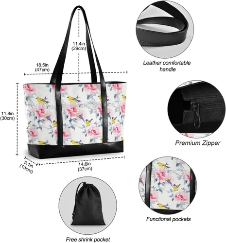 Vista 6 de Flowers Birds Fashion Tote Bags for Women Laptop with Zipper Large Work Bags for Women for College with Diaper maletin ejecutivo para mujer