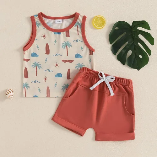 Vista 65 de Ropa de bebé niño sin mangas + pantalones cortos con estampado a rayas con bolsillos, 2 piezas de trajes de verano