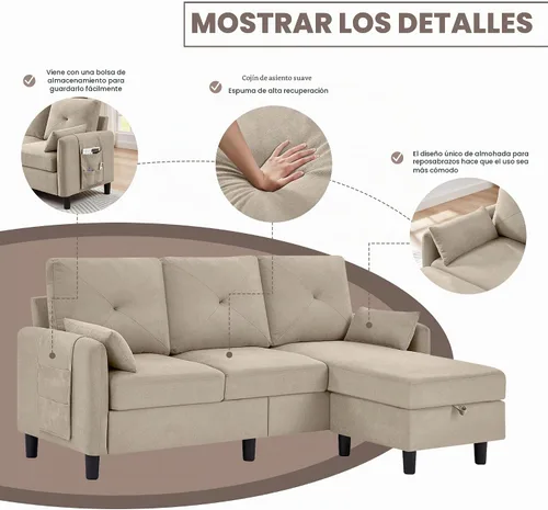 Vista 5 de Sofá modular convertible, pequeño en forma de L de 3 asientos con diván de almacenamiento reversible, sofá moderno de tela de poliéster para sala