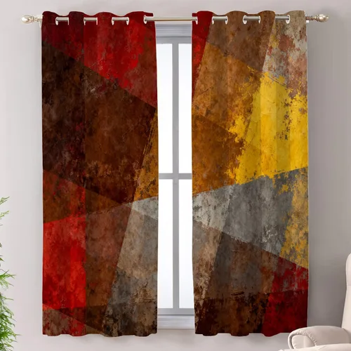 Vista 75 de Shrahala Beige and Orange Abstract Art Brushstrokes Blackout Curtain Tiers, Abstract Oil Paint Kitchen Valance Light Blocking Tier Drapes with Rod
