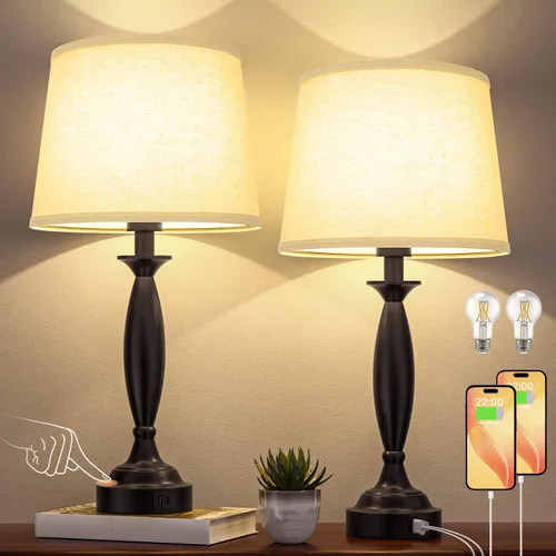 Vista 13 de Lámparas de Mesita de Noche con Control Táctil para Dormitorios con USB C+A, Lámparas de Mesa de Noche Regulables de 3 Niveles con Puerto USB