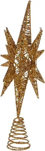 Vista 4 de Kurt Adler Estrella 3D de Alambre con Purpurina Dorada Sin Luz para Copa del Árbol, 16.5 pulgadas de largo, Tono Dorado, Metal, Decoración Navideña
